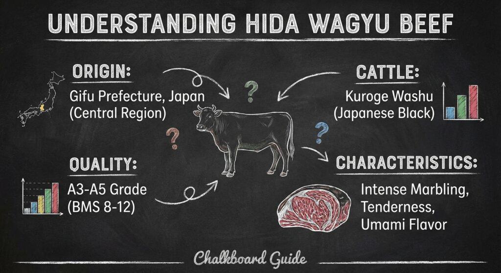 Infographic titled "Understanding Hida Wagyu Beef" shows a cow surrounded by facts: Origin&mdash;Gifu Prefecture, Japan; Cattle&mdash;Kuroge Washu; Quality&mdash;A3&ndash;A5 Grade; Characteristics of Japanese Wagyu include intense marbling, tenderness, and umami flavor. Fuji Omakase Sushi San Fernando Valley